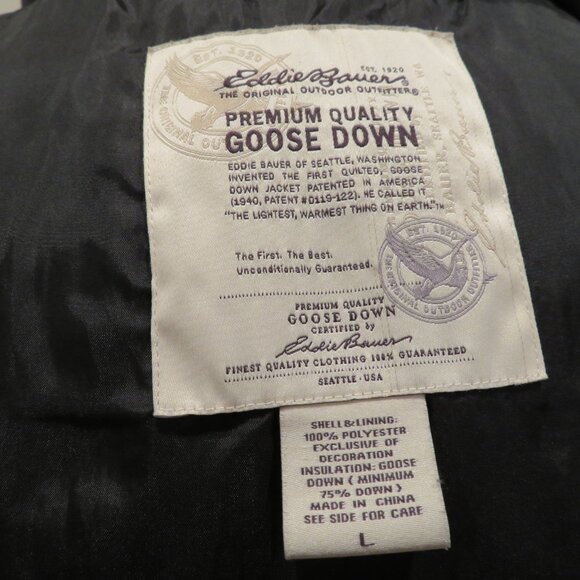 Men Large Black Puffer Jacket Eddie Bauer Goose Down Hood Lightweight Quilted - Picture 13 of 16